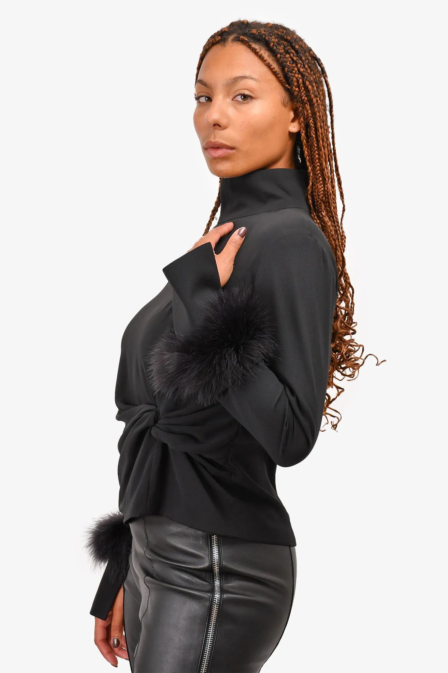 16 Arlington Black Long Sleeve Feather Detail Knotted Blouse Size 14