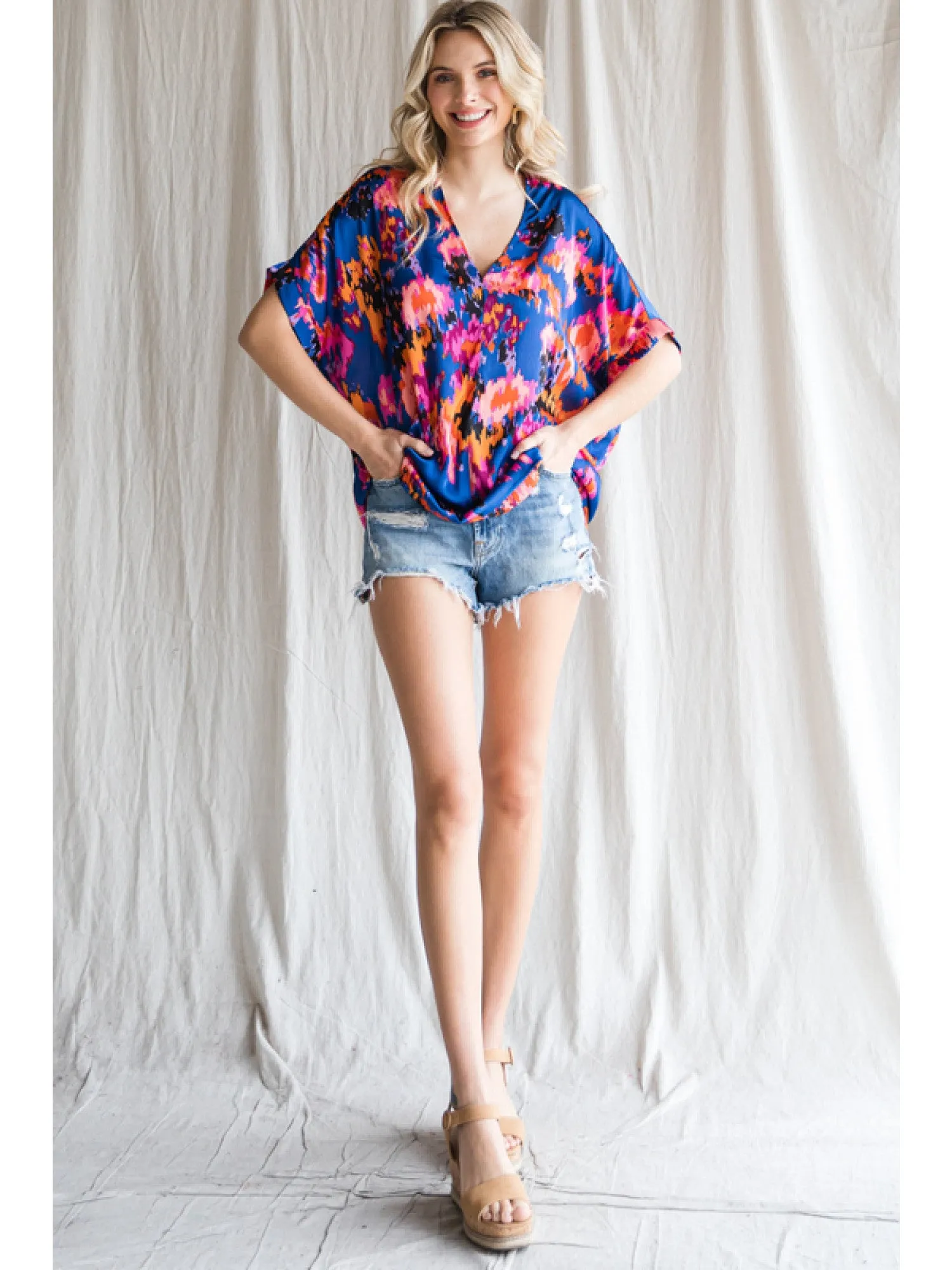 Abstract V-Neck Shift Top, Royal