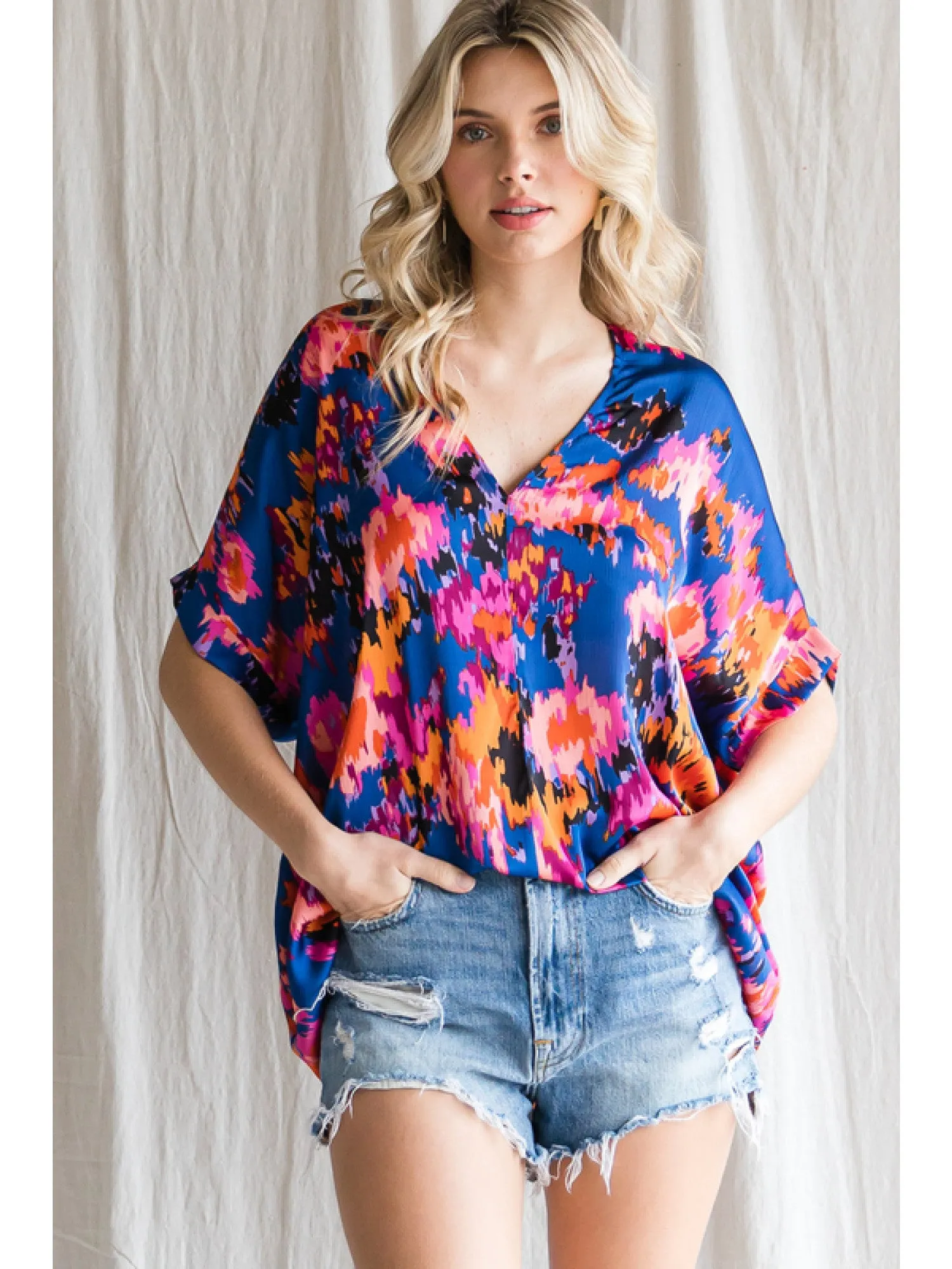 Abstract V-Neck Shift Top, Royal