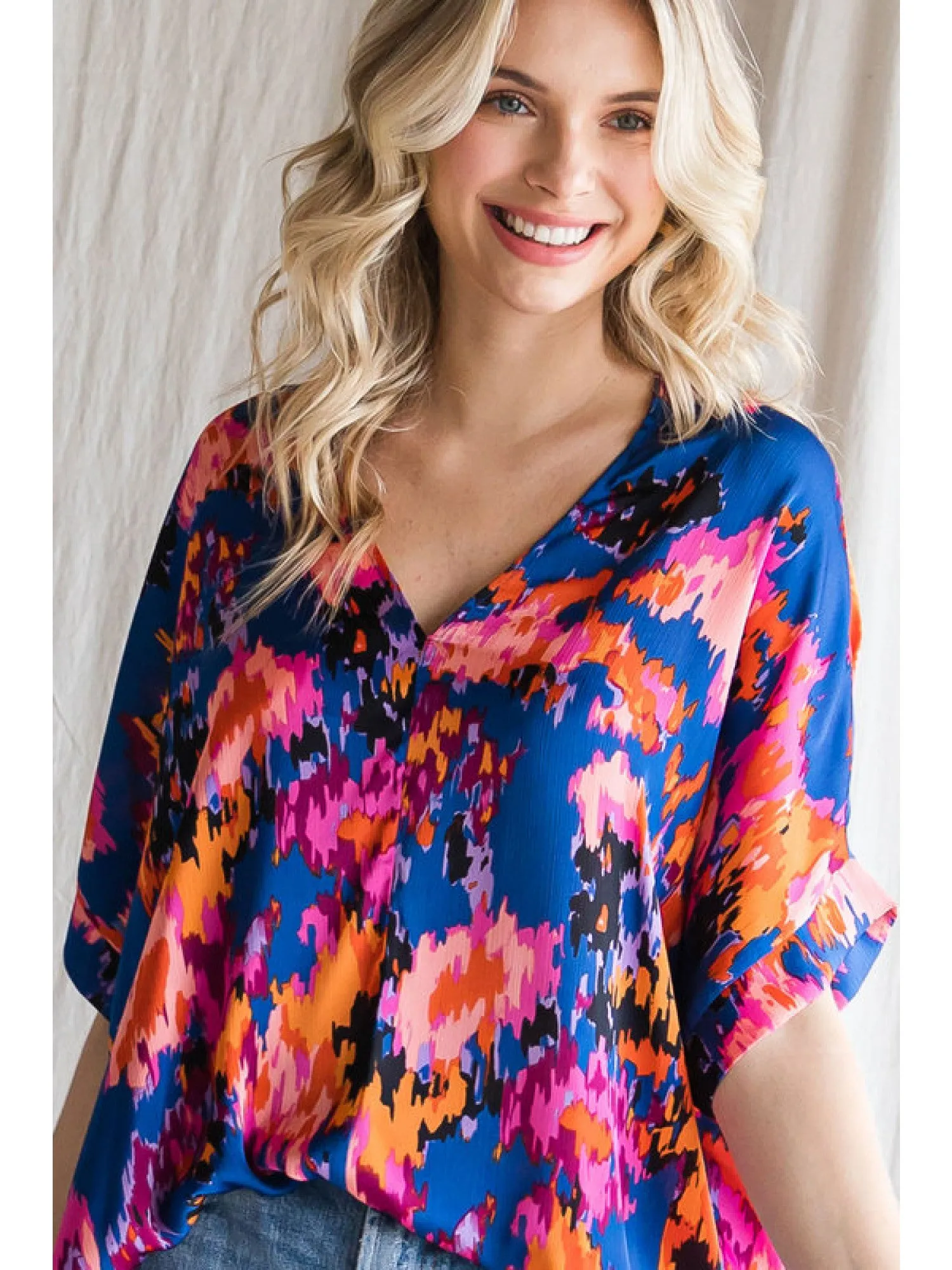 Abstract V-Neck Shift Top, Royal