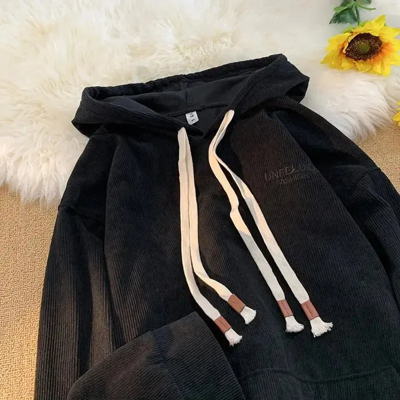 Aidase Corduroy Sweatshirt For Men Embroider Letter Hoodies Sweatshirt Streetwear Hoodie Casual Sportwear Male Clothes