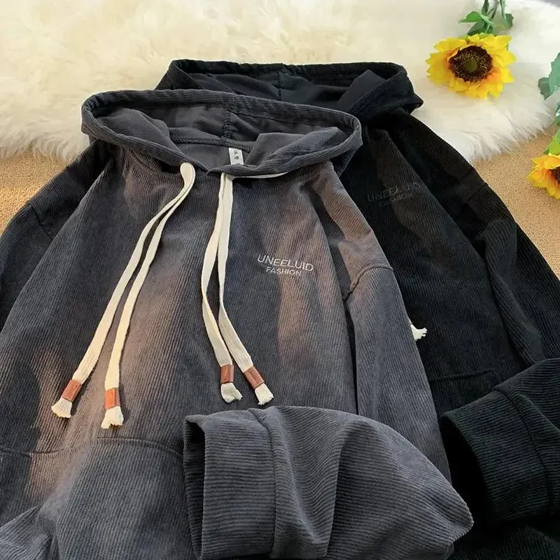 Aidase Corduroy Sweatshirt For Men Embroider Letter Hoodies Sweatshirt Streetwear Hoodie Casual Sportwear Male Clothes