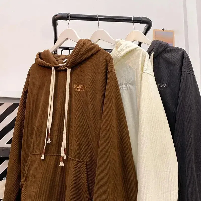 Aidase Corduroy Sweatshirt For Men Embroider Letter Hoodies Sweatshirt Streetwear Hoodie Casual Sportwear Male Clothes