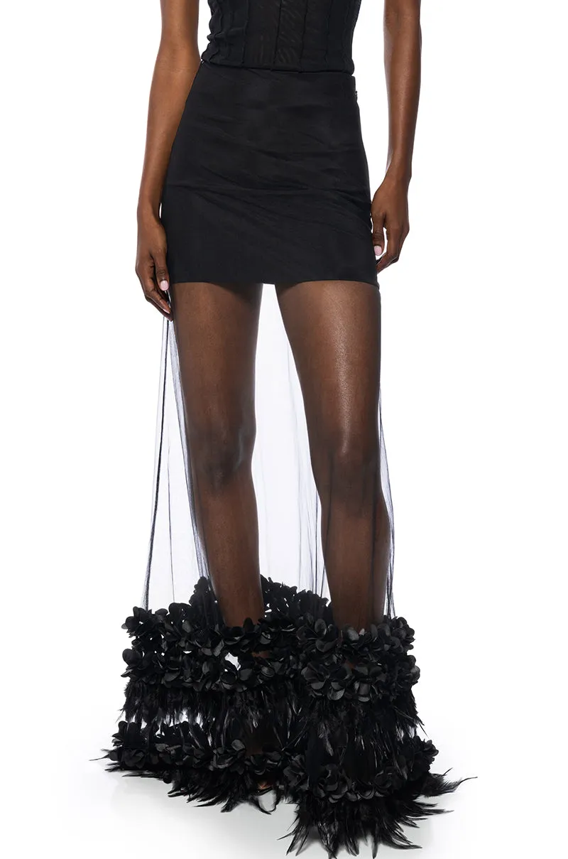 ALICE FEATHER DETAIL SHEER MAXI SKIRT IN BLACK