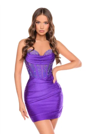Amarra 88001 Size 0 Purple Short Crystal Fitted Homecoming Dress Corset Jersey Strapless Cocktail Gown
