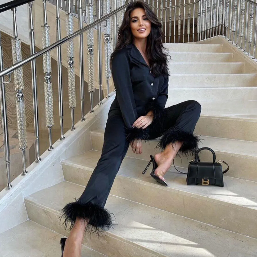 BerryBetty - 2 Piece Sets Outfits Feather Long Sleeve Blouse Top Shirts And Pants Women Tracksuits Y2K Elegant Casual Party Sexy 2024