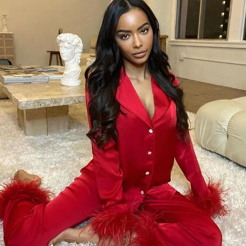 BerryBetty - 2 Piece Sets Outfits Feather Long Sleeve Blouse Top Shirts And Pants Women Tracksuits Y2K Elegant Casual Party Sexy 2024