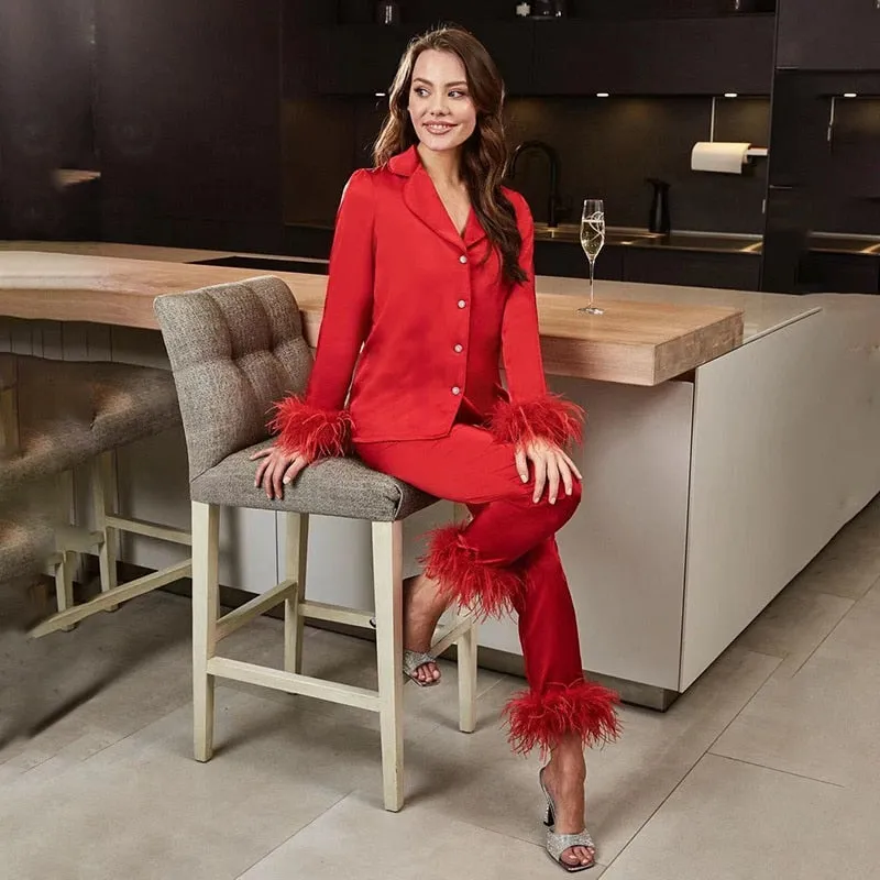 BerryBetty - 2 Piece Sets Outfits Feather Long Sleeve Blouse Top Shirts And Pants Women Tracksuits Y2K Elegant Casual Party Sexy 2024
