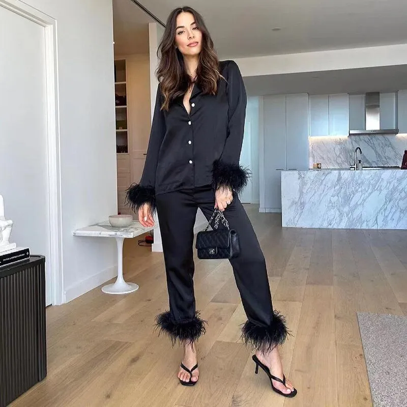 BerryBetty - 2 Piece Sets Outfits Feather Long Sleeve Blouse Top Shirts And Pants Women Tracksuits Y2K Elegant Casual Party Sexy 2024