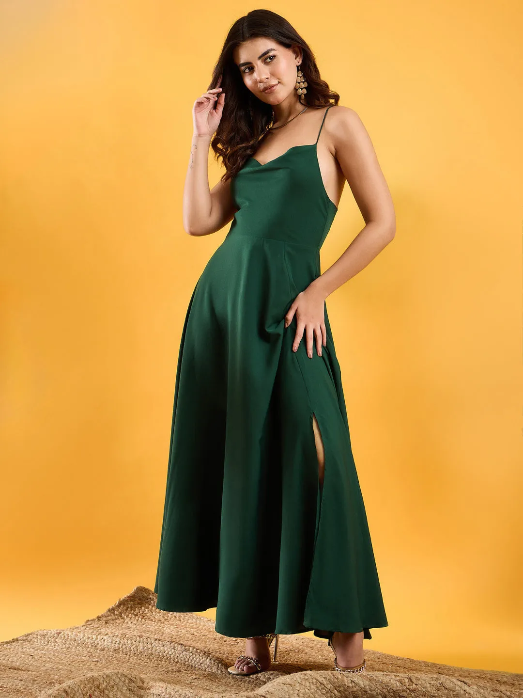 Berrylush Women Solid Green Cowl Neck Sleeveless Lace-Up Backless Thigh-High Slit Flared Maxi Dress