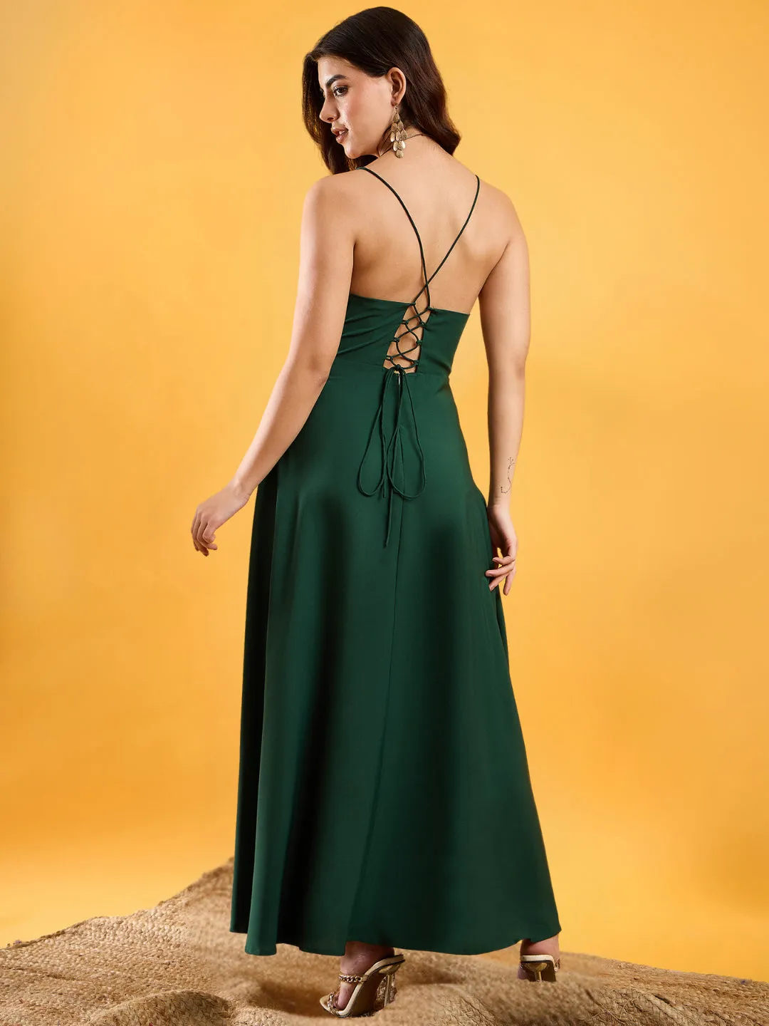 Berrylush Women Solid Green Cowl Neck Sleeveless Lace-Up Backless Thigh-High Slit Flared Maxi Dress