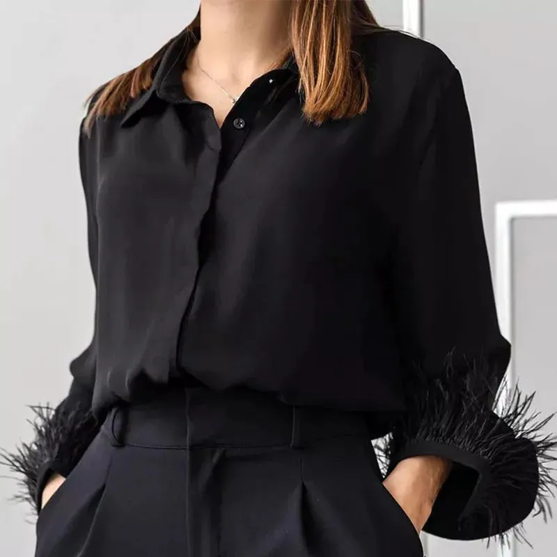 Black Button Up Feather Patchwork Long Sleeve Green Satin Office Lady Business Work Top Blouse