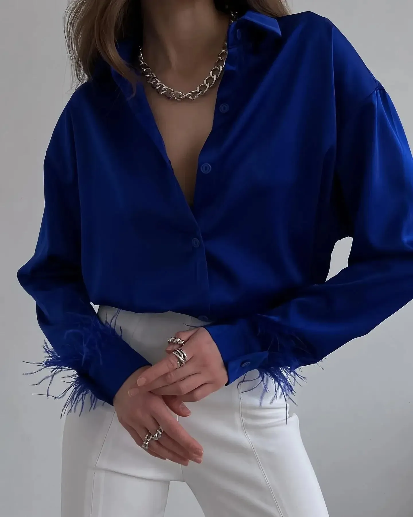 Black Button Up Feather Patchwork Long Sleeve Green Satin Office Lady Business Work Top Blouse