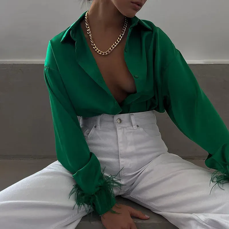 Black Button Up Feather Patchwork Long Sleeve Green Satin Office Lady Business Work Top Blouse