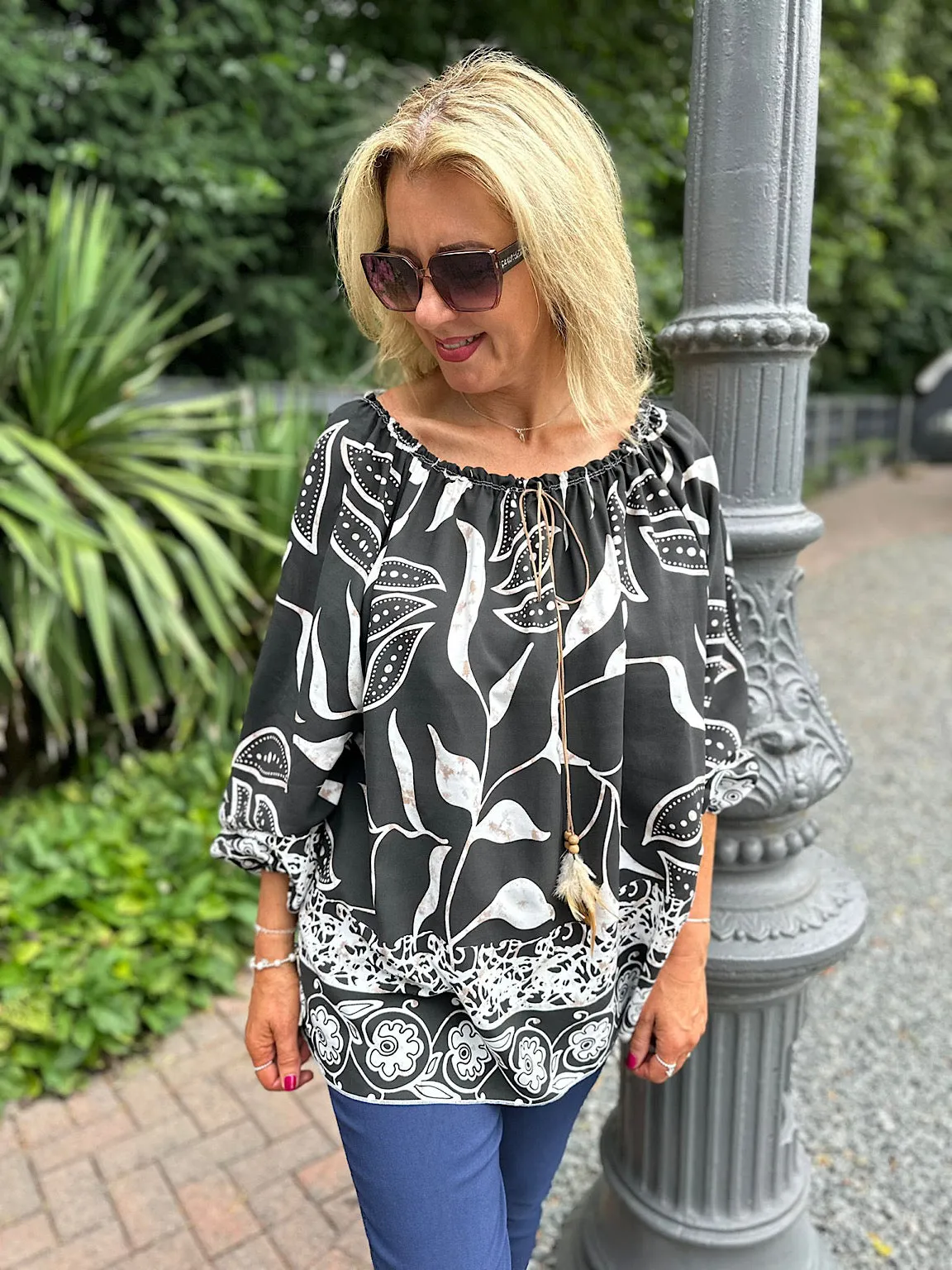 Black Floral Feather Detail Blouse Harley