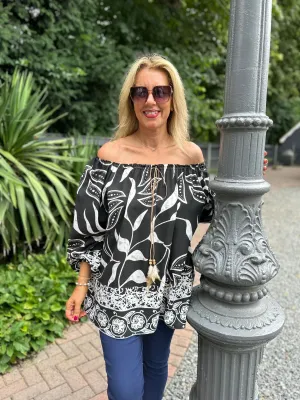 Black Floral Feather Detail Blouse Harley