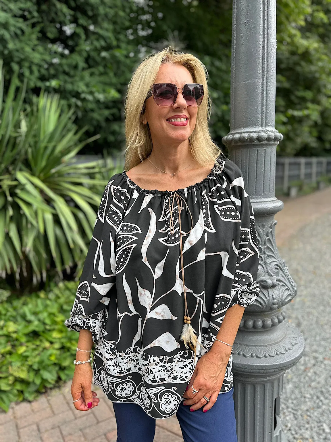 Black Floral Feather Detail Blouse Harley