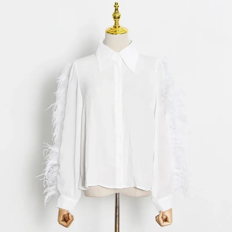 Black Patchwork Feather Shirt For Women Lapel Long Sleeve Minimalist Casual Blouse Female Fashion Clothing