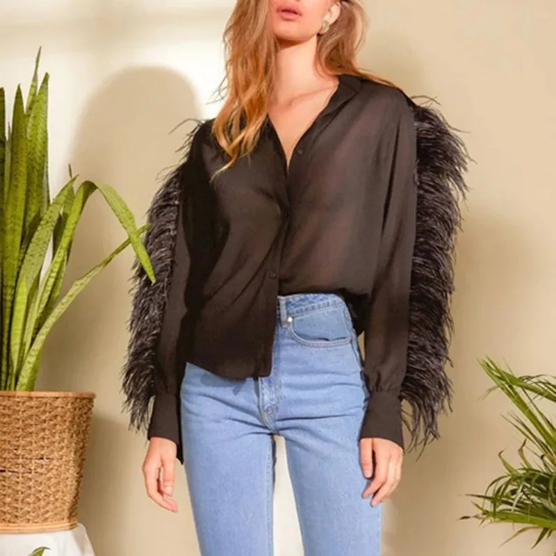 Black Patchwork Feather Shirt For Women Lapel Long Sleeve Minimalist Casual Blouse Female Fashion Clothing
