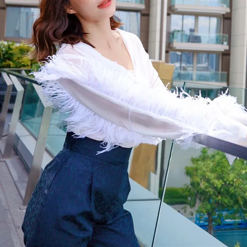 Black Patchwork Feather Shirt For Women Lapel Long Sleeve Minimalist Casual Blouse Female Fashion Clothing