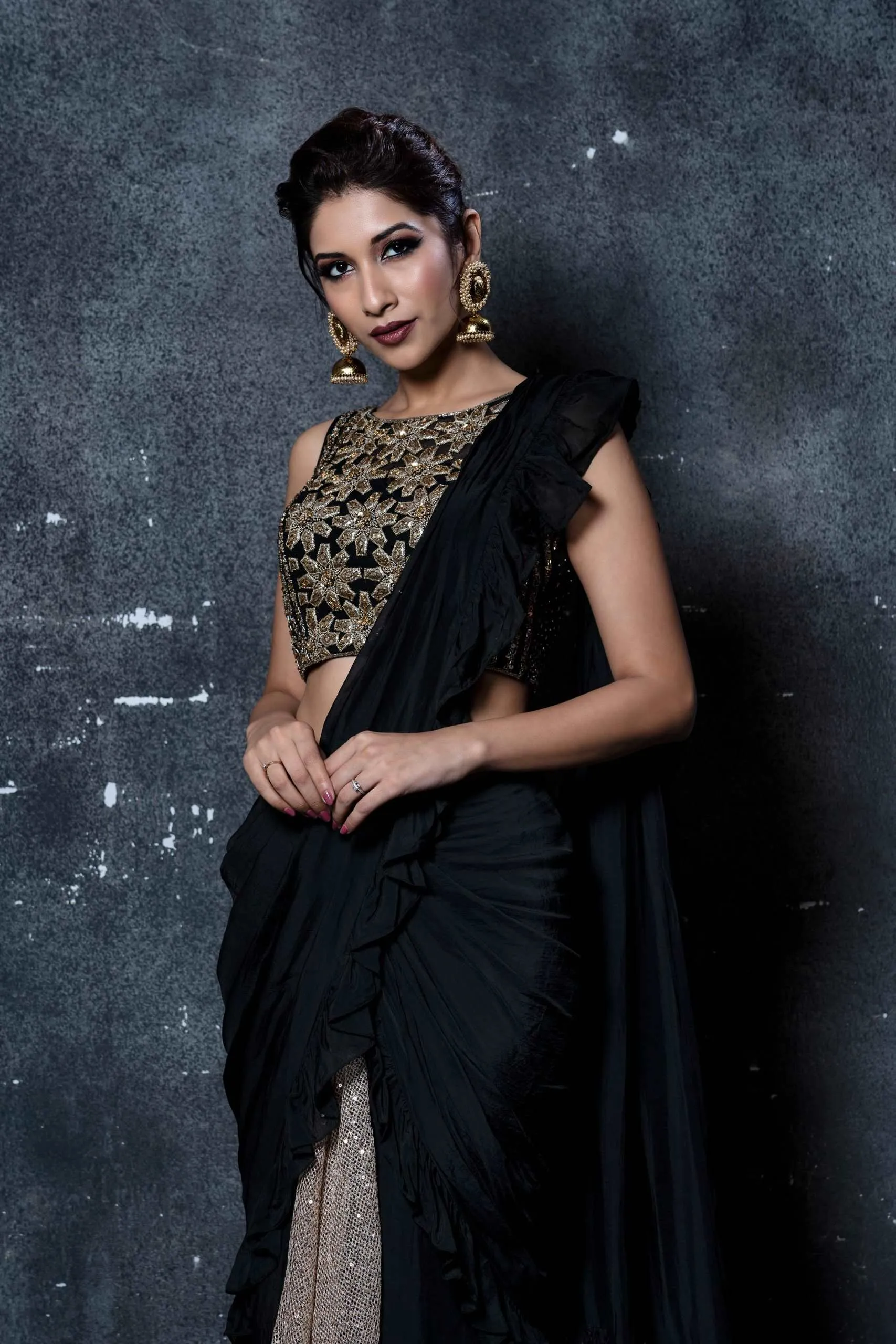 Black Ruffle Saree Set