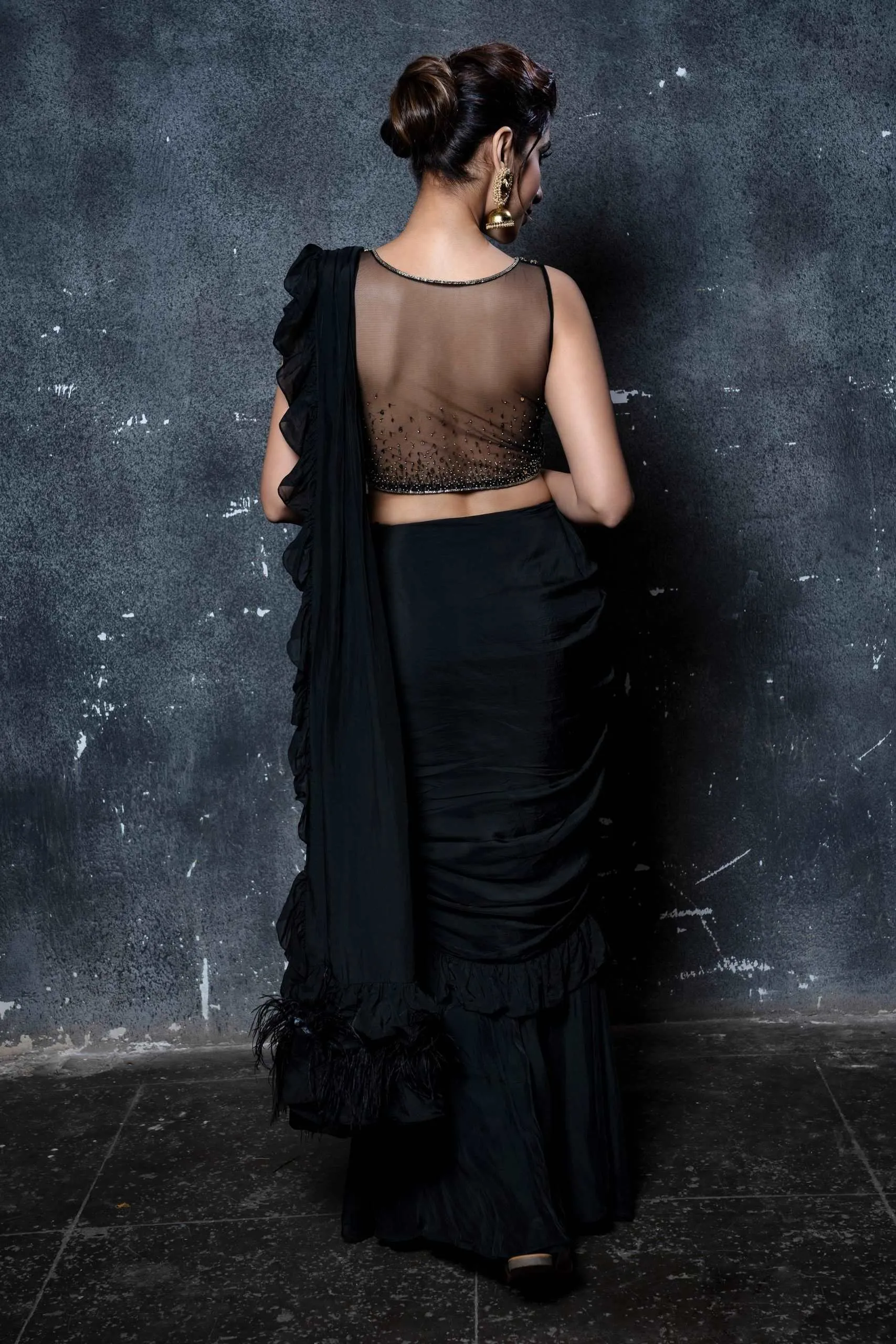 Black Ruffle Saree Set