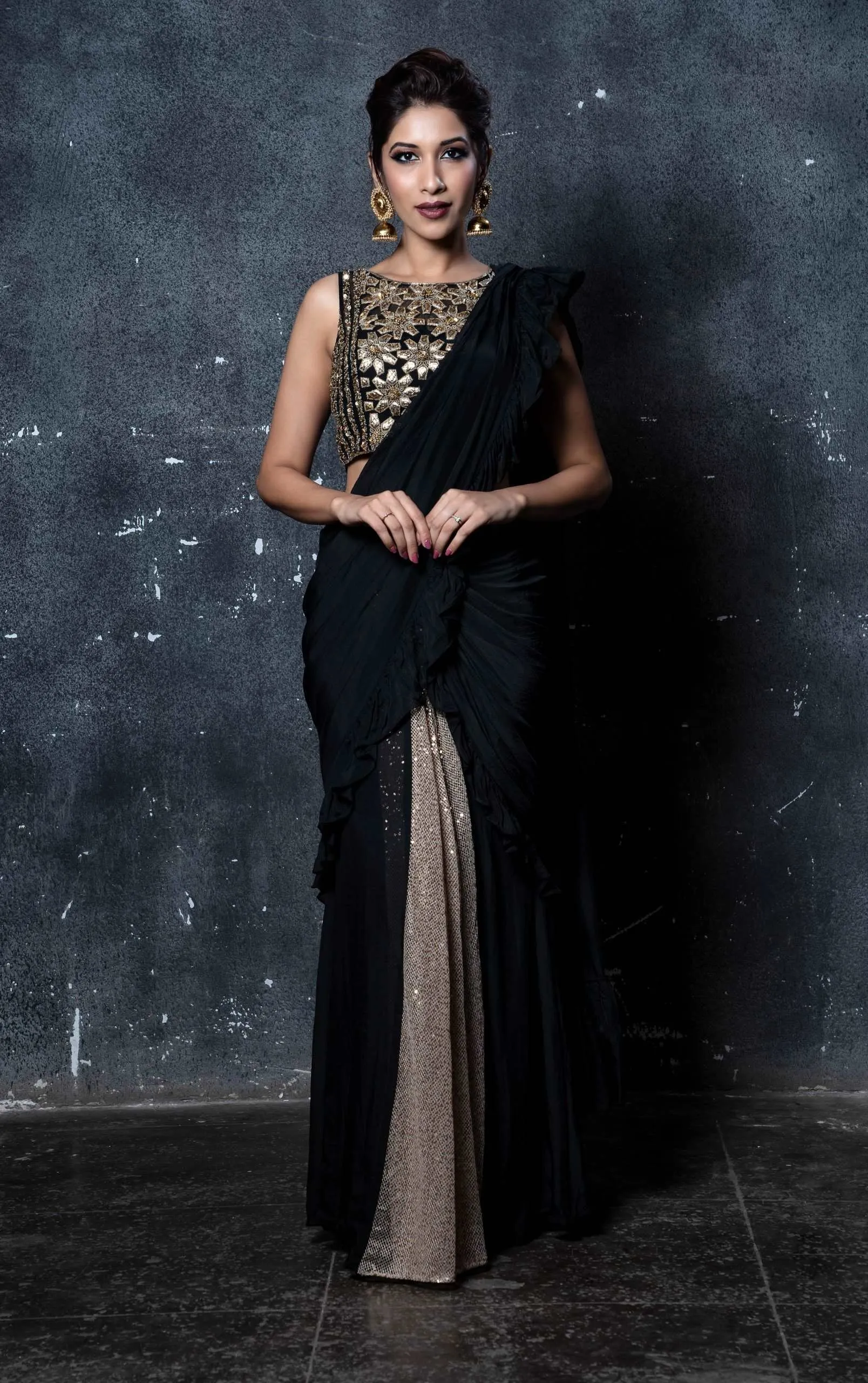 Black Ruffle Saree Set
