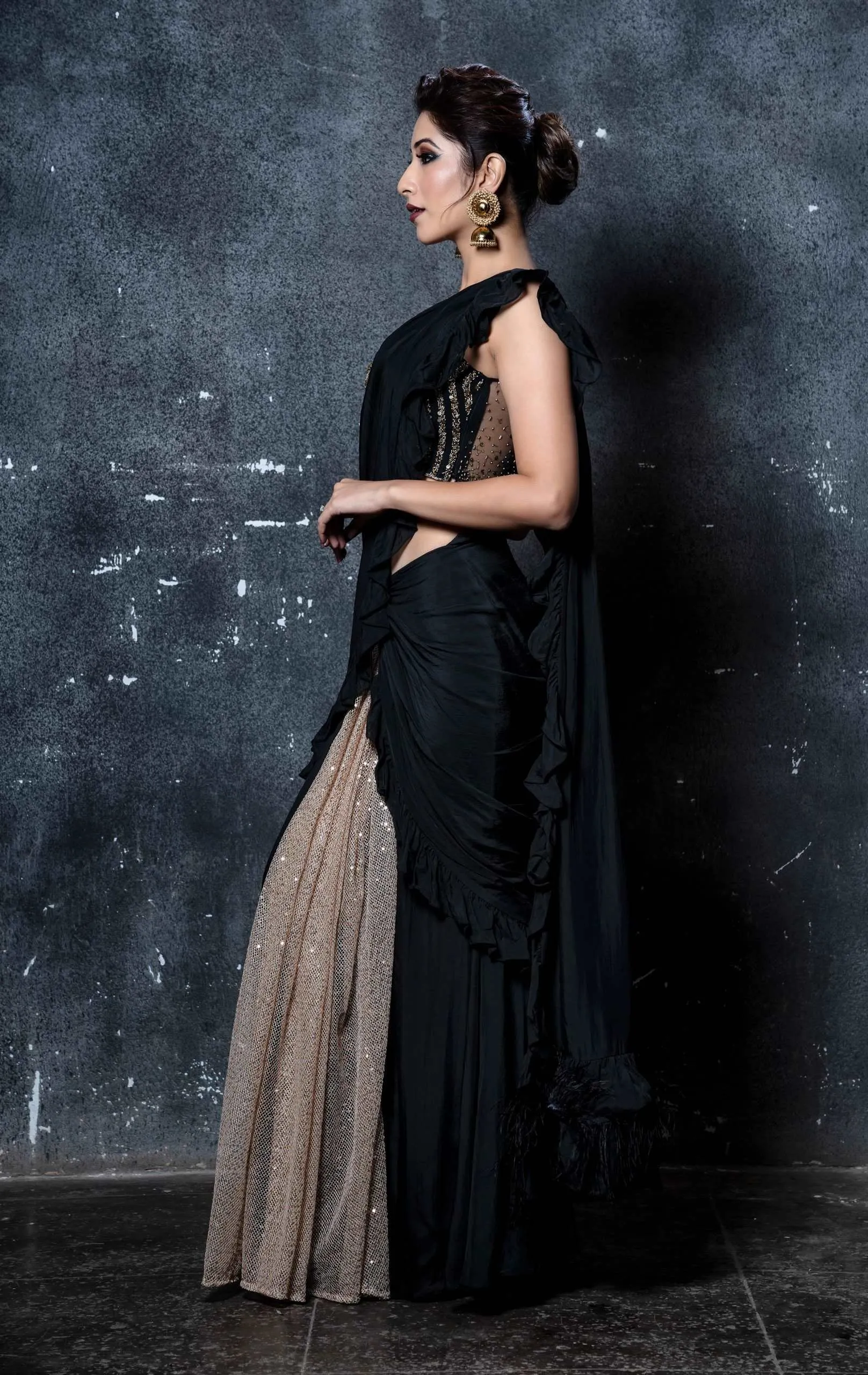 Black Ruffle Saree Set