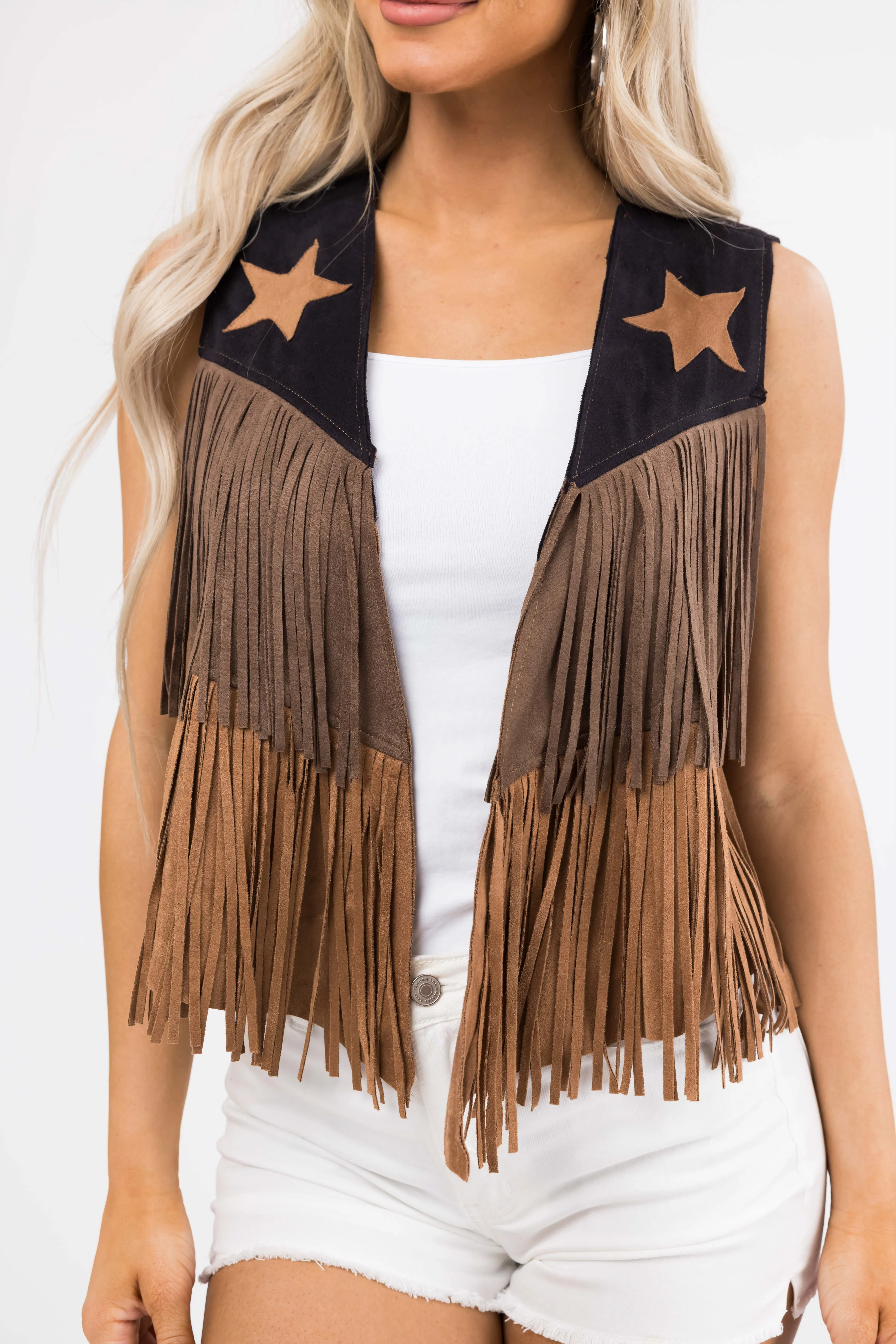 Black Suede Colorblock Fringe Vest