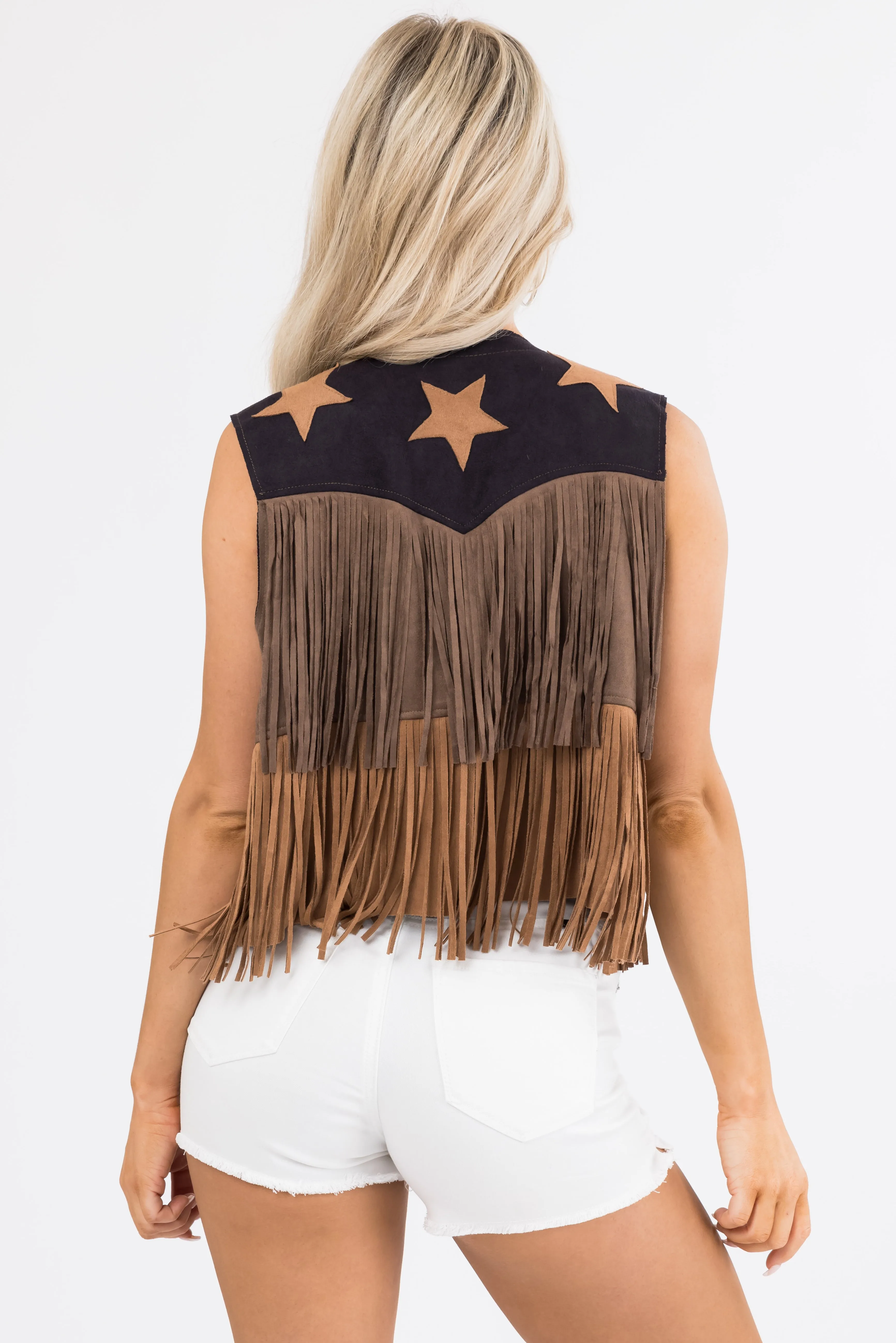 Black Suede Colorblock Fringe Vest