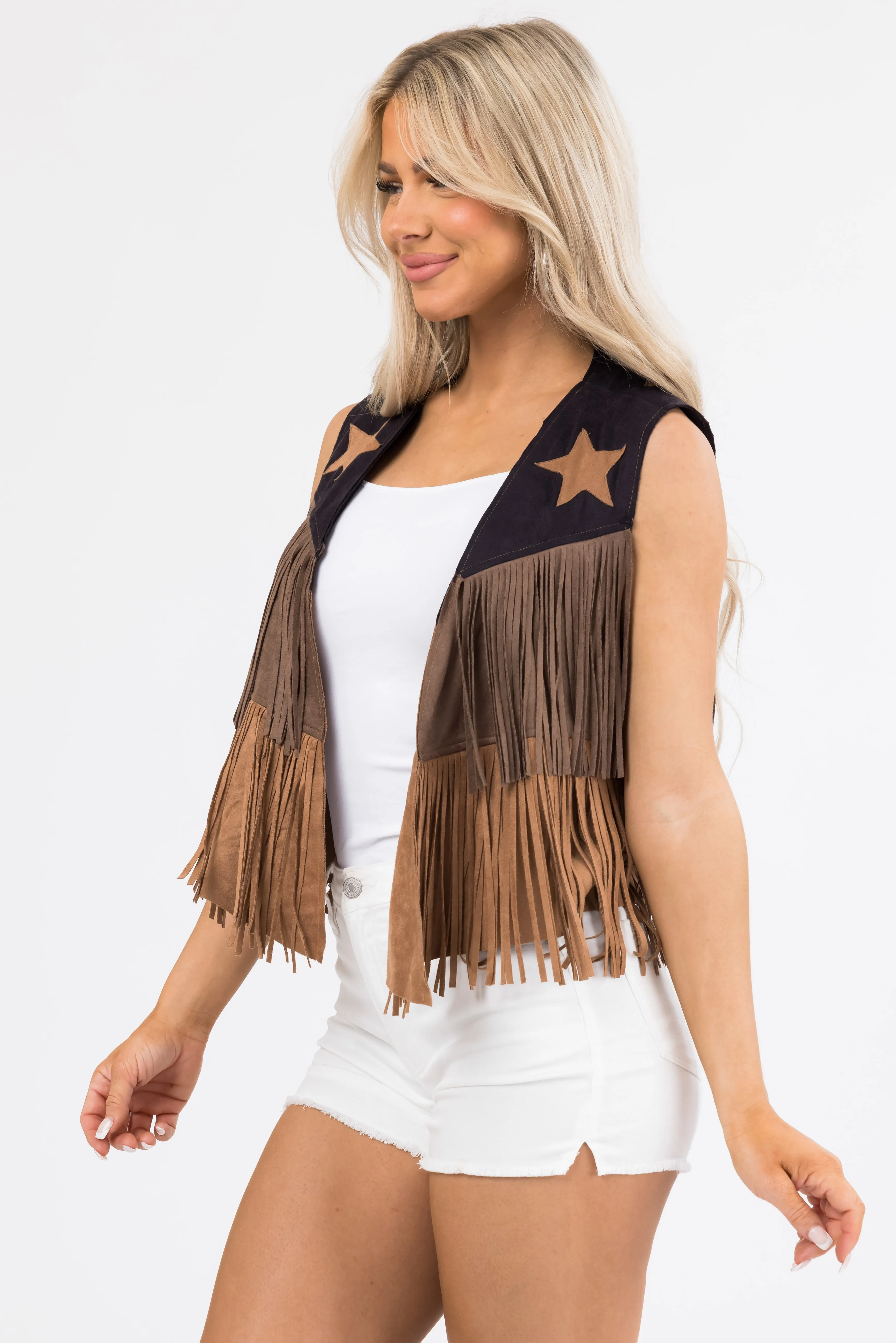 Black Suede Colorblock Fringe Vest