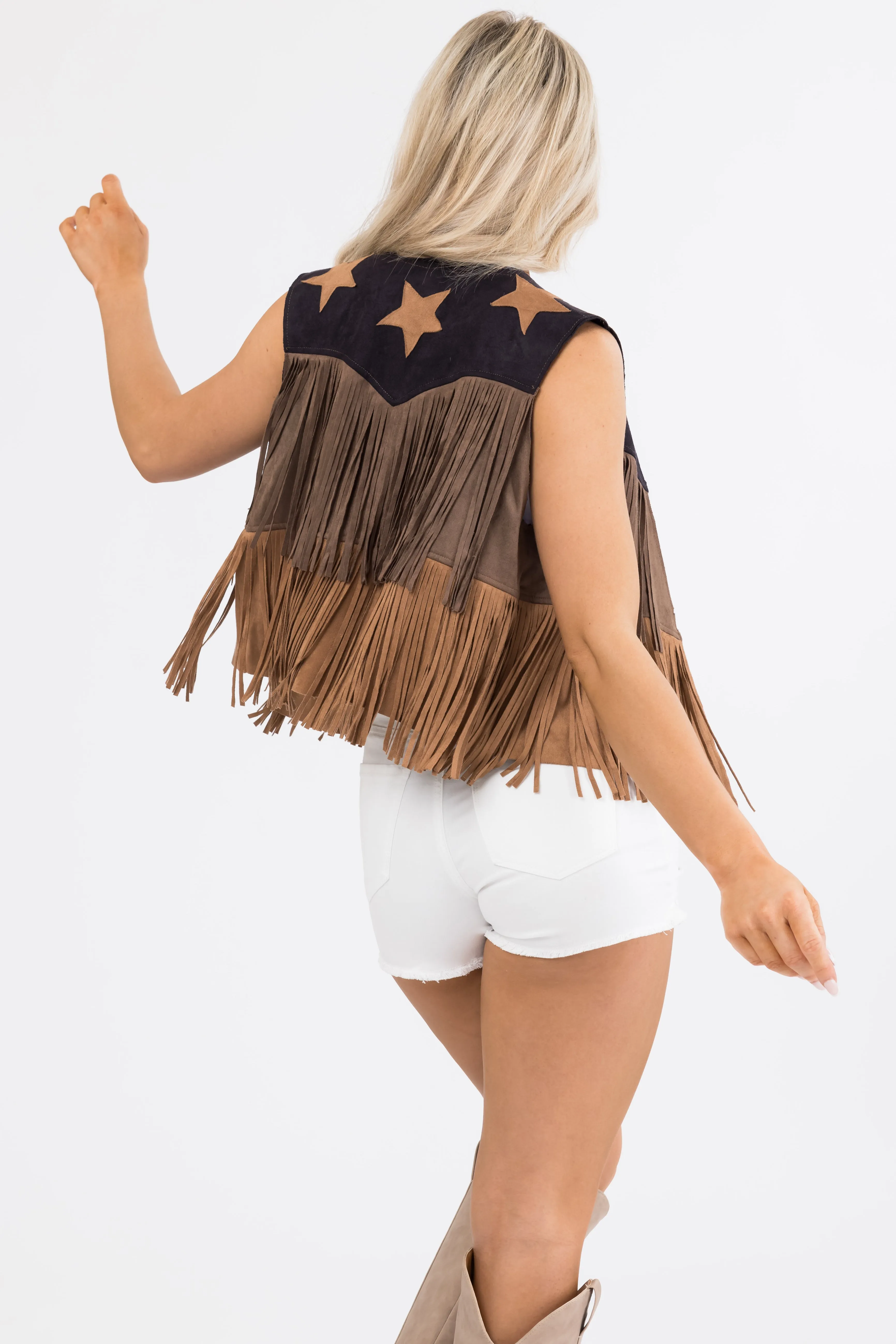 Black Suede Colorblock Fringe Vest