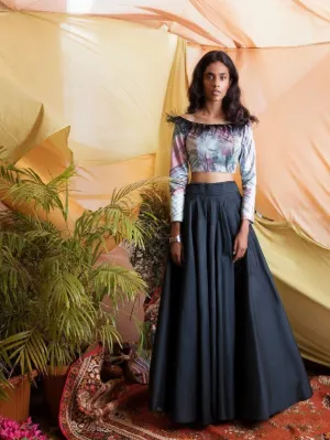 Black Tafetta Skirt with Strokes Print Blouse (Set of 2)
