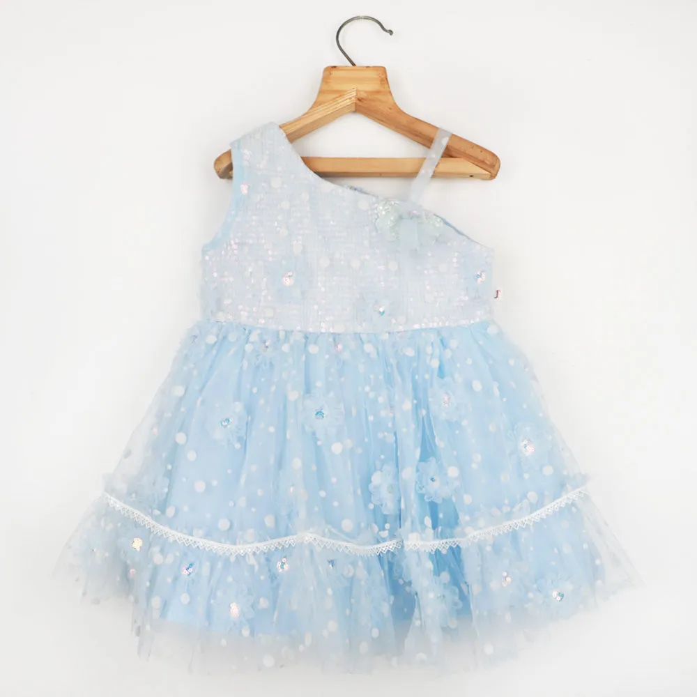 Blue Sequins Embellished One shoulder Party Dress