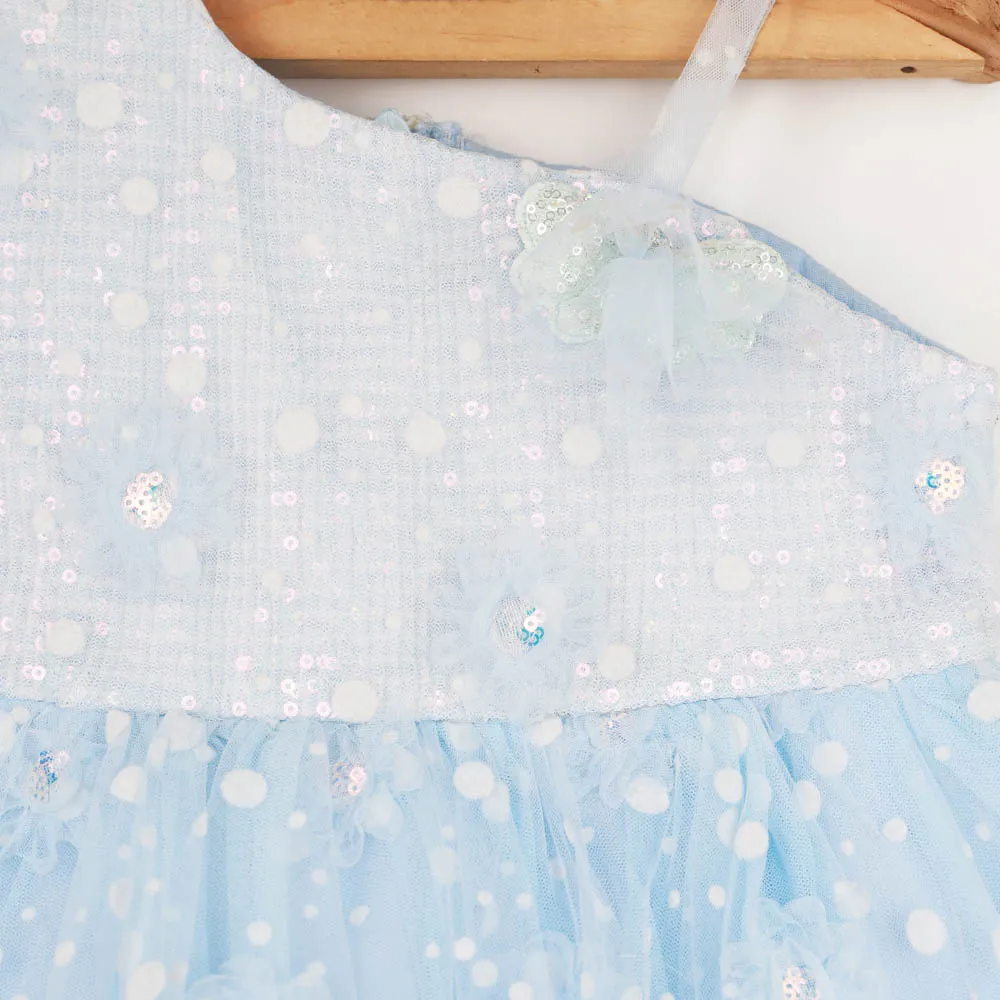 Blue Sequins Embellished One shoulder Party Dress