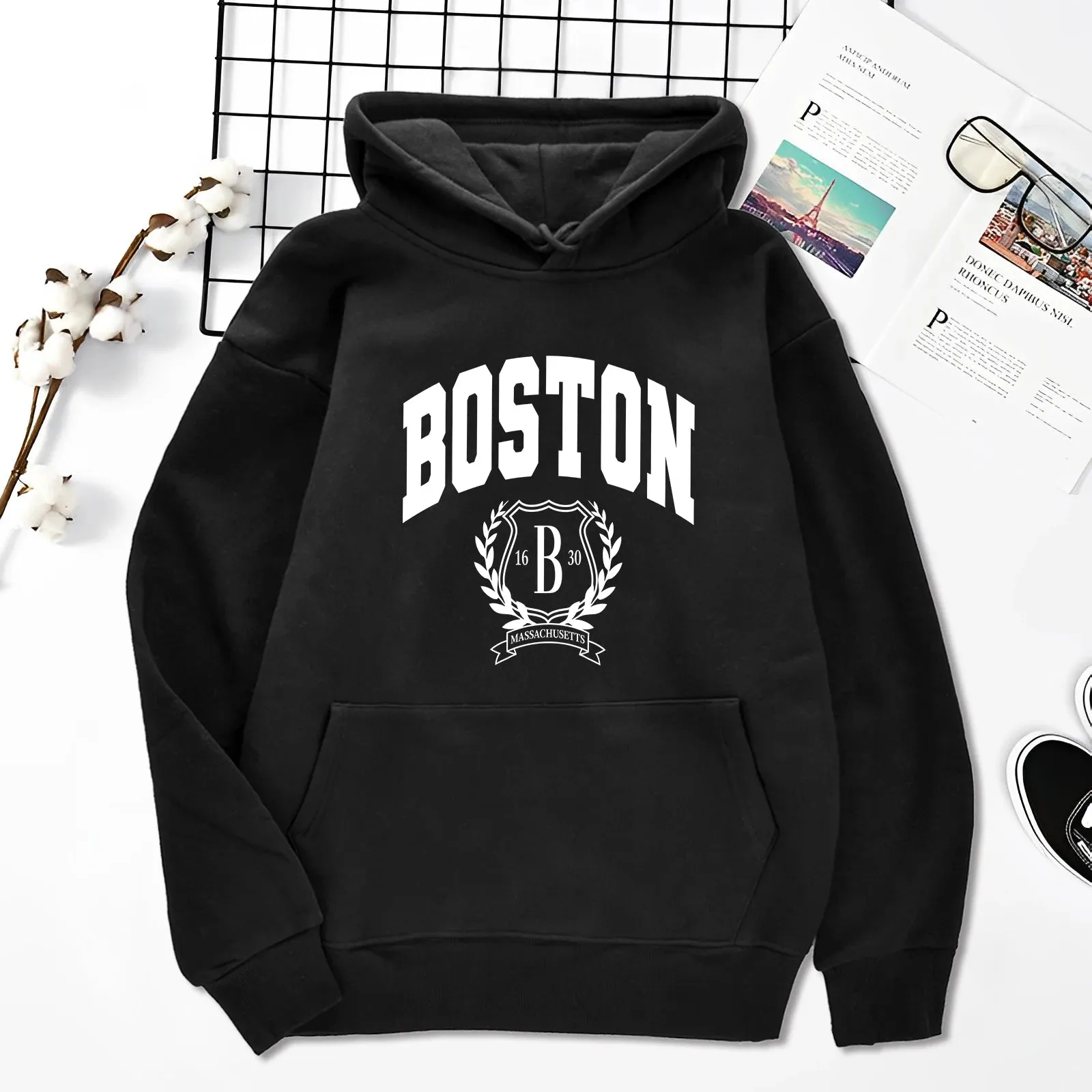 Boston 1630 Personality Art Printing Hoodies Mens Autumn Loose Sweatshirt Craetive Fleece Hoody Casual Hip Hop Streetwear