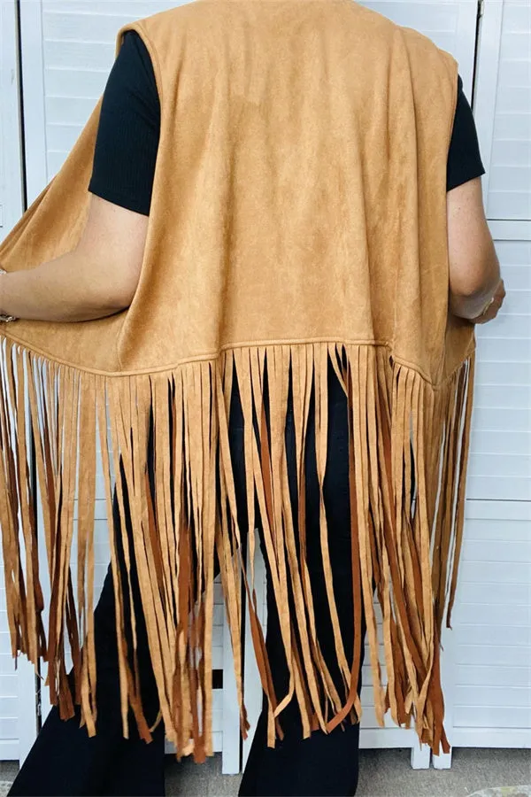 BQ13618 Tan suede fringe tassel vest/cardigan