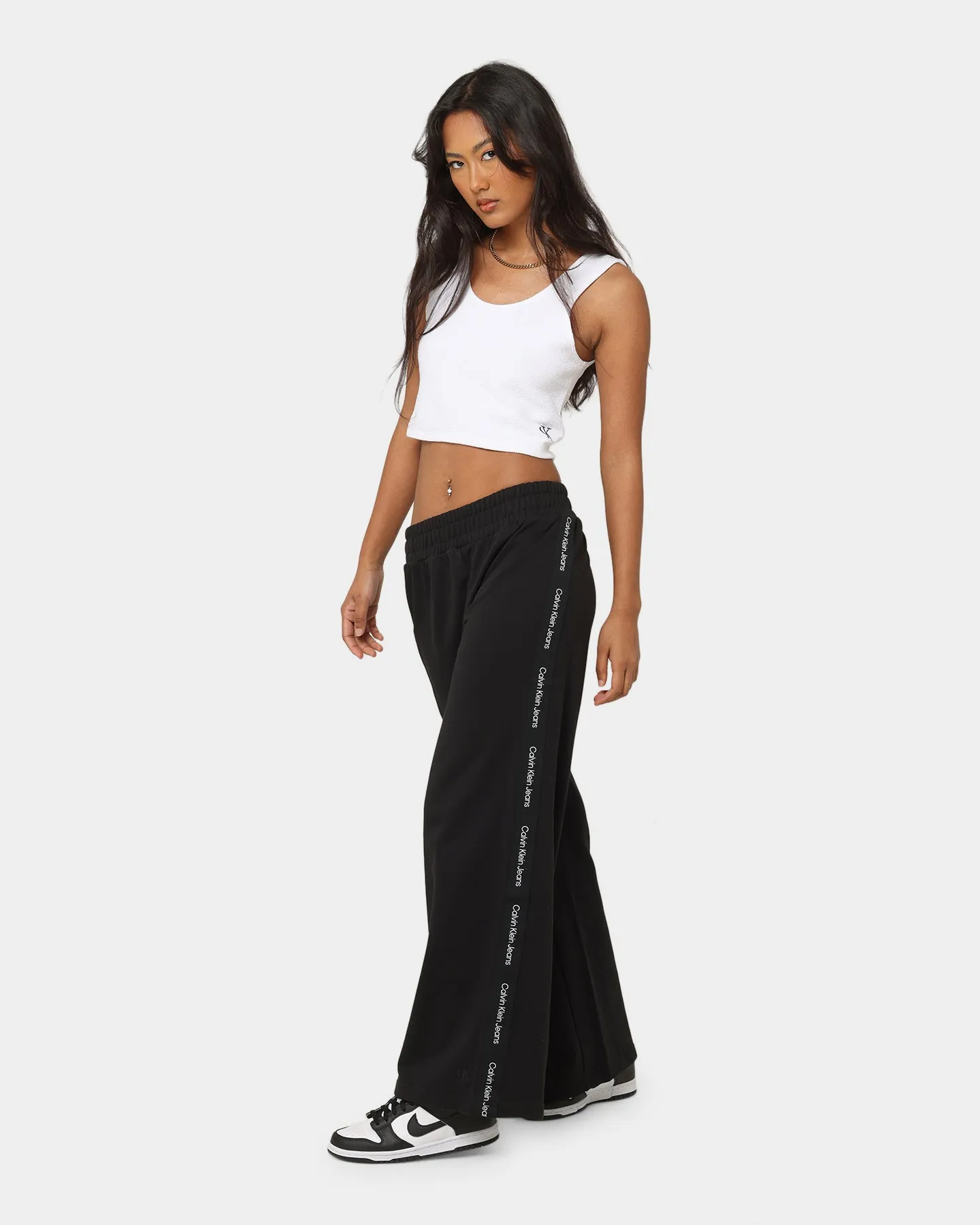 Calvin Klein Women's Logo Tape Wide Leg Pants CK Black