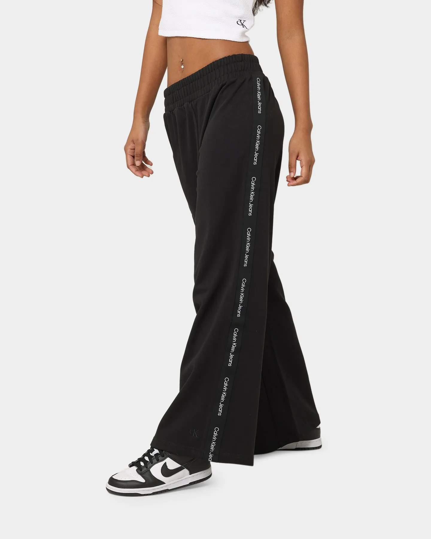 Calvin Klein Women's Logo Tape Wide Leg Pants CK Black