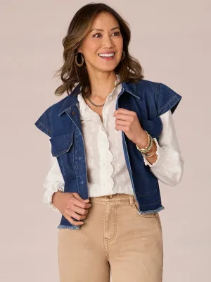 Cap Sleeve Hidden Snap Front Patch Pocket Cropped Fray Hem Denim Vest