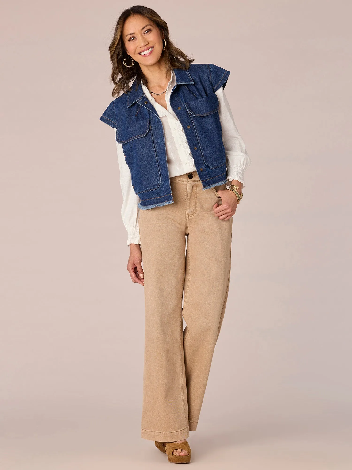 Cap Sleeve Hidden Snap Front Patch Pocket Cropped Fray Hem Denim Vest