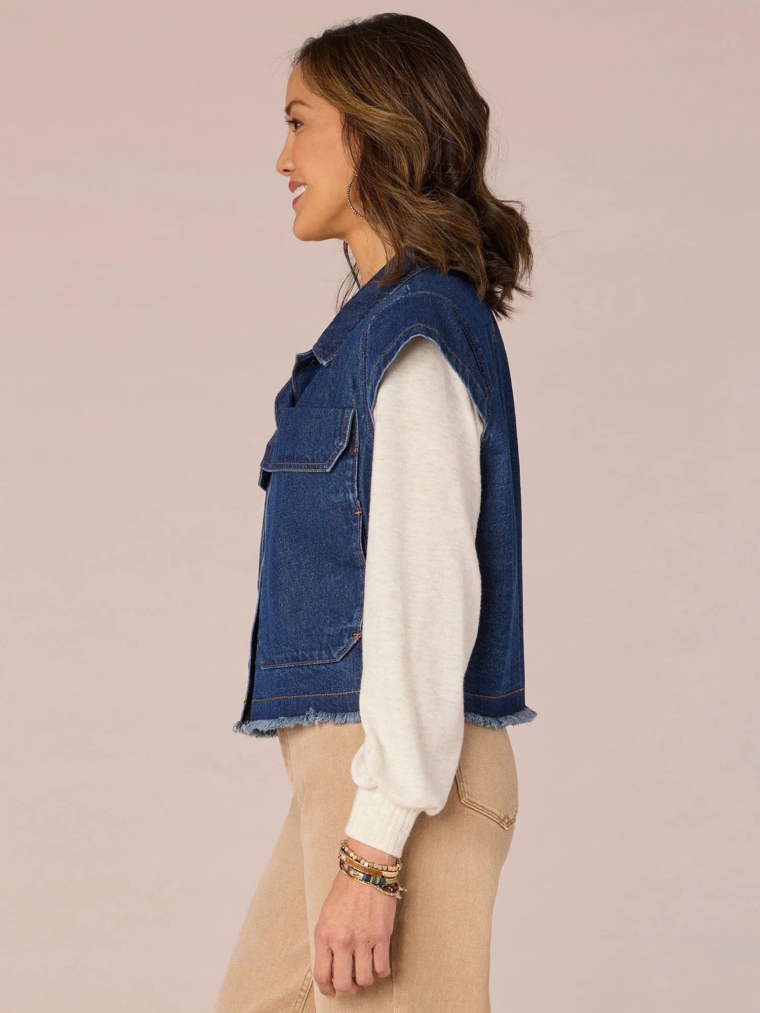 Cap Sleeve Hidden Snap Front Patch Pocket Cropped Fray Hem Denim Vest