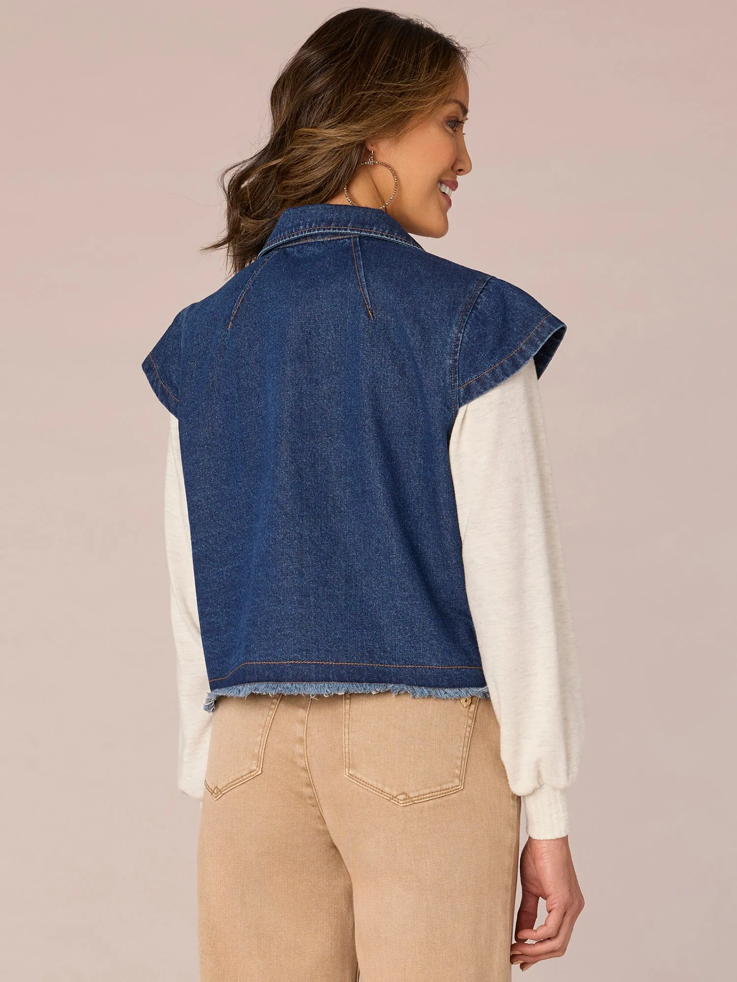 Cap Sleeve Hidden Snap Front Patch Pocket Cropped Fray Hem Denim Vest