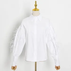 Casual Patchwork Feather Blouse For Women Lapel Lantern Sleeve White Solid Shirt Female Fashion Clothing