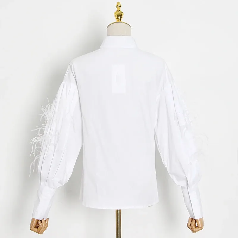 Casual Patchwork Feather Blouse For Women Lapel Lantern Sleeve White Solid Shirt Female Fashion Clothing