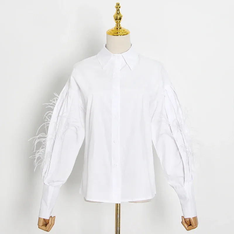 Casual Patchwork Feather Blouse For Women Lapel Lantern Sleeve White Solid Shirt Female Fashion Clothing