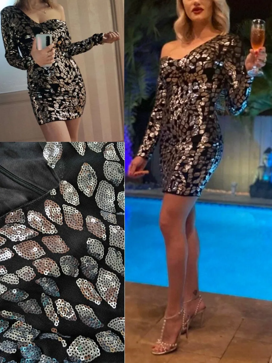 Elegant Sequins Long Sleeve Sexy One Shoulder Bodycon Dress