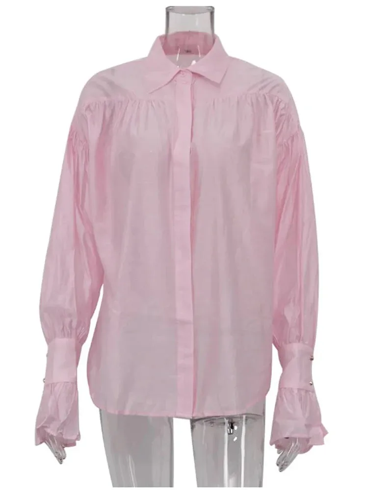 Fashionkova Fashion Loose Pink Office Women's Blouse 2024 Elegant Lapel Long Sleeve Shirt Casual Classic Solid Autumn Female Top Clothing