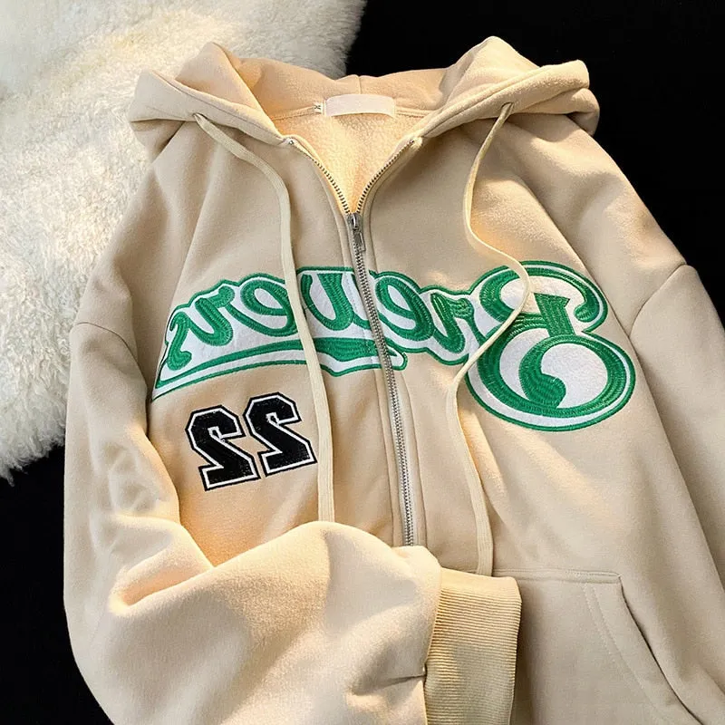 Fashionkova  Letter Embroidery Hoodies Women Autumn Retro Oversized Loose Zipper Hooded Sweatshirts Y2k Casual Long Sleeve Hoodie Streetwear