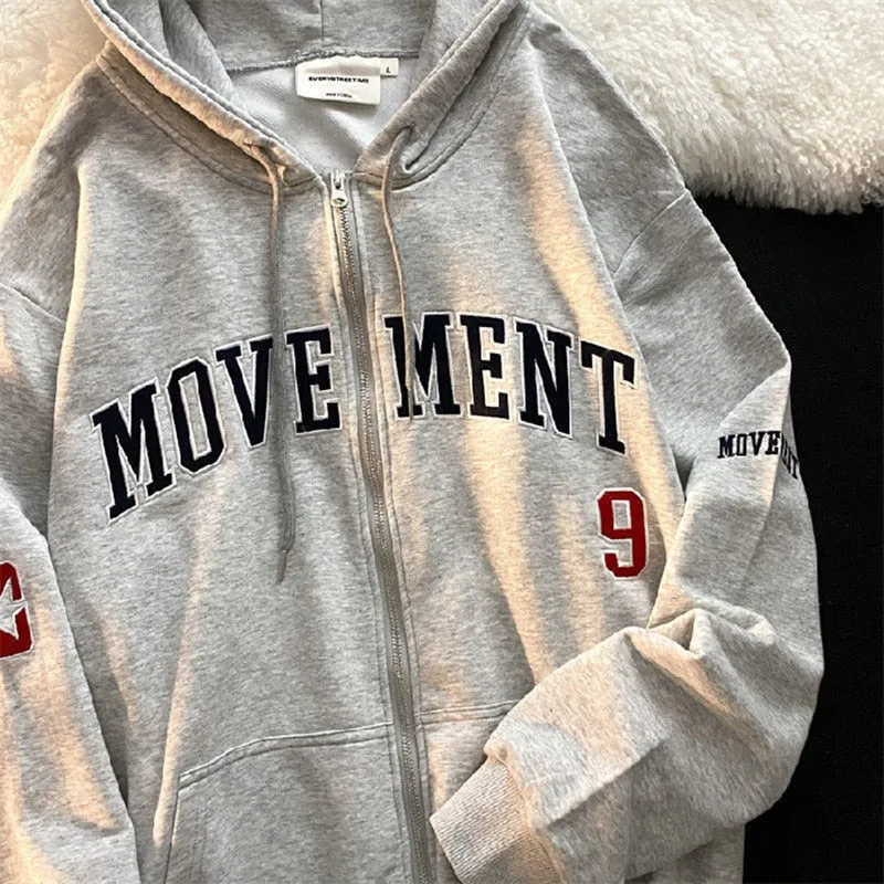Fashionkova  Letter Embroidery Hoodies Women Autumn Retro Oversized Loose Zipper Hooded Sweatshirts Y2k Casual Long Sleeve Hoodie Streetwear